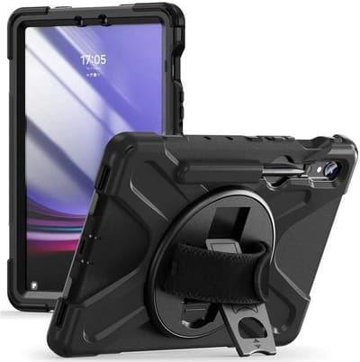 Hoes Geschikt voor Samsung Galaxy Tab S10 Lite / S10 FE / S9 FE / S9 - Back Cover met Handriem - 360° Draaibare Kickstand Standaard - Beschermhoes Zwart