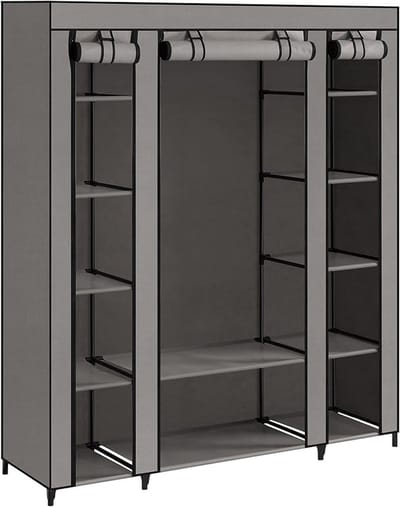 Kledingkast van stof, draagbare kledingkast voor slaapkamer, kledingrek met stoffen afdekking, 12 vakken, metalen frame, grijs, 45 x 150 x 175 cm