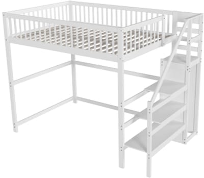 Hoogslaper 140x200 met trap, wit houten kinderbed met opbergplank, eenvoudige kledingkast