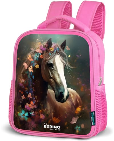 NoBoringSuitcases.com® - Rugzak roze - Schooltas meisjes - Paard - Bruin - Bloemen - Kleurrijk - Kinder rugtas meisje - Boekentas kind - Kinderrugzak voor school - Schoolrugzak