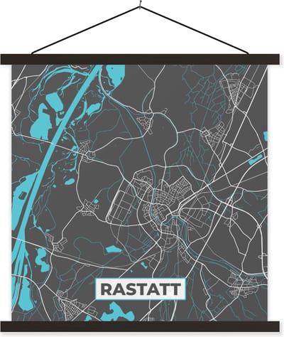 Posterhanger incl. Poster 60x60 cm - Schoolplaat - Stadskaart – Plattegrond – Duitsland – Blauw – Rastatt – Kaart - Textielposter - Zwarte latten - Stadskaart