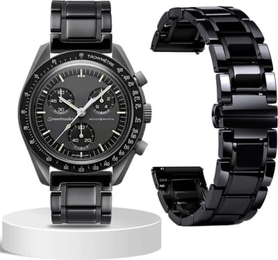 Stravo Luxe Keramische Roestvrijstalen Horlogebandje voor Samsung Galaxy Watch 7 / 6 / 5 / Pro / 4/ 3 / Active 2 - Garmin Approach / Forerunner / Venu 2 Plus/SQ / Vivomove - Polar Ignite / Unite - SmartWatch bandje voor alle 20mm Horloges - Zwart