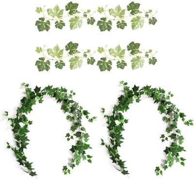 Dailygoods- Klimop Set 2 Stuks - Muurstickers 4 Stuks - Kunstplant - Decoratieve Planten - Woondecoratie - Realistisch Materiaal - Nepplant