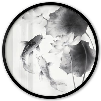 Poster in lijst Rond - Fotolijst 40x40 cm - Posters - Lotusbloemen - Vissen - Bladeren - Zwart - Ronde posterlijst zwart - Decoratie - Wanddecoratie woonkamer - Muurdecoratie slaapkamer