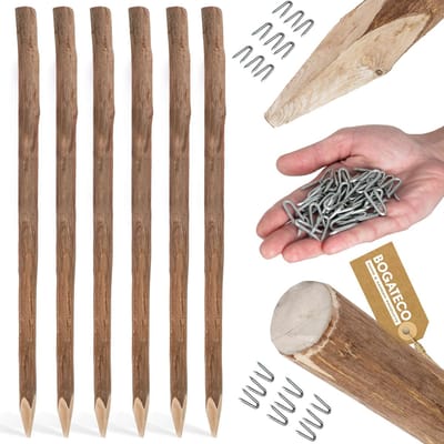 BOGATECO 6 x Hazelnoothouten schuttingpalen | Hoogte 180 cm | Puntige houten palen | Set van 6 | Schuttingpalen, houten palen, ronde houten palen | Houten paal voor boerderijschuttingen, tuinschuttingen