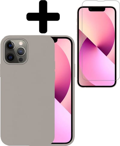 Hoesje - Met Screenprotector - Geschikt voor Apple iPhone 14 Pro Max - Sterk & Shockproof - Back Cover - Siliconen Case - Telefoon Hoes - Telefoonhoesjes - Grijs