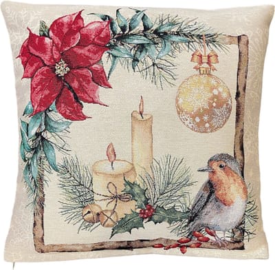 Kussenhoes – Kerst – luxe gobelinstof – Noel - Birds - Kerstbloem - Vogel – 45 x 45 cm