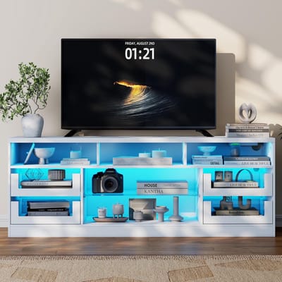 TV meubel 138 cm – Wit lowboard met LED verlichting & stekkerdoos – TV kast met glazen laden & RGB voor 65 inch – Urbanhome