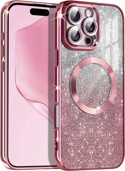 Hoesje Geschikt Voor iPhone 16 Pro Magsafe hoesje Rose Goud - Lens beschermer glitter backcover