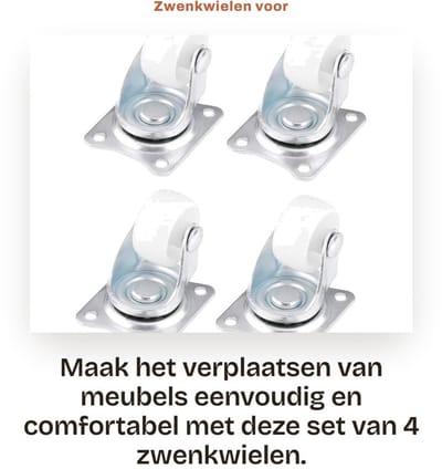 Dailygoods- Zwenkwielen Set van 4 - Draaibare Wielen - 30 kg Draagkracht - 25 mm Diameter - Slijtvast Polypropyleen - Wit - Meubelwielen