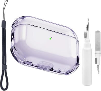 Duidelijke en Schokbestendige Transparante Hoes voor AirPods Pro 3 met Reinigingsset en Polsband, Ondersteunt Draadloos Opladen, Perfecte Bescherming en Stijl (Paars)
