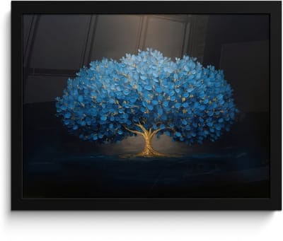 Poster in lijst - Fotolijst 40x30 cm - Posters - Boom - Blauw - Bladeren - Penseelstreken - Posterlijst zwart - Decoratie - Wanddecoratie woonkamer - Muurdecoratie slaapkamer