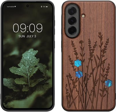 kwmobile telefoonhoesje geschikt voorSamsung Galaxy A37 5G - Hoesje met bumper - hout - In donkerbruin Parelmoer lavendel design