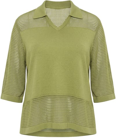 Ulla Popken - Dames - Gebreid shirt opengewerkt breisel V-hals korte mouw - Pistache - Maat 50+