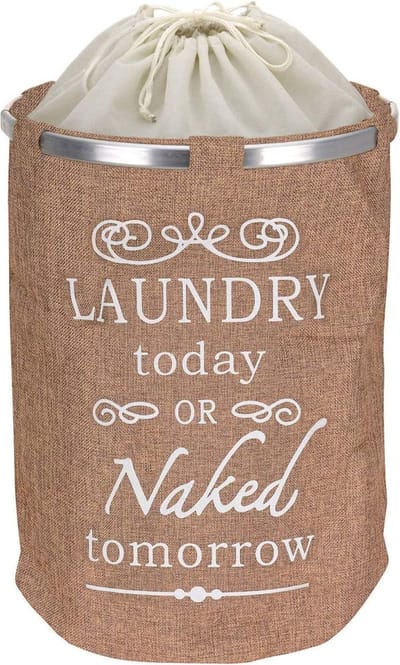 Ronde Wasmand met deksel- 50 L - Tekst LAUNDRY TODAY OR NAKED TOMORROW - Badkamer wasmand afsluitbaar - Waszak - Beige