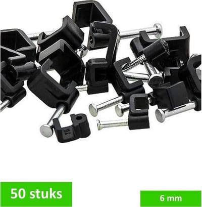 TQ4U kabelclip / spijkerclip plat - Kabel tot 6 mm breed - Kunststof - Stalen nagel 30 mm - Zwart - 50 stuks