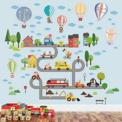 Stickers voor Wanddecoratie met Stedelijk Vervoer, Luchtballonnen en Voertuigen voor Kinderkamers, Speelruimtes en Klaskamers
