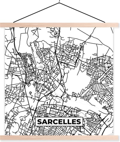 Posterhanger incl. Poster 40x40 cm - Schoolplaat - Stadskaart - Frankrijk - Kaart - Plattegrond - Sarcelles - Zwart wit - Textielposter - Blanke latten - Stadskaart