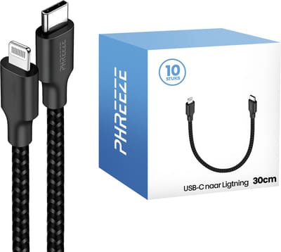 Grootverpakking geschikt voor iPhone kabels - 30cm, 20w, 480mbps, nylon gevlochten, zwart - Phreeze
