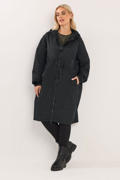 Yours Lichtgewicht Parka Met Lang Ontwerp En Capuchon In Zwart Size 42