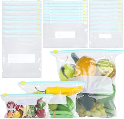 HweeWanX 90 stuks herbruikbare vrieszakken, vrieszakken met rits, vershoudzakken voor groenten, vlees, brood, melk, snacks, 40 klein/30 middel/20 groot