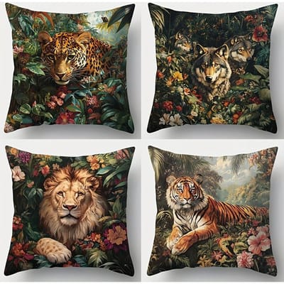 4-Delige Bedrukte Kussensloop Set – Wild Bos Thema met Tijgers, Wolven, Leeuwen, Luipaarden & Bloemen 50x50cm