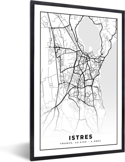 Fotolijst incl. Poster Zwart Wit- Frankrijk - Istres - Kaart - Plattegrond - Stadskaart - Zwart wit - 40x60 cm - Posterlijst