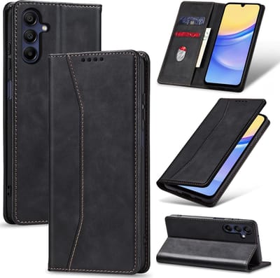 Nuvex Hoesje met Pasjeshouder Geschikt voor Samsung Galaxy A15 Zwart Telefoonhoesje - Anti-Shock Bookcase Cover met 1x Screenprotector - Wallet Case