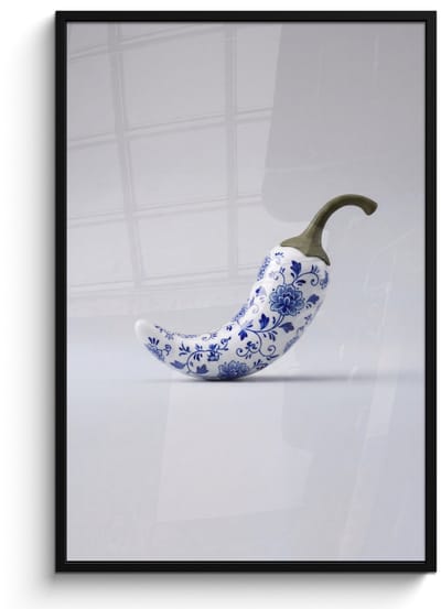 Poster in lijst - Fotolijst 80x120 cm - Posters - Chilipeper - Keramiek - Blauw - Posterlijst zwart - Decoratie - Wanddecoratie woonkamer - Muurdecoratie slaapkamer