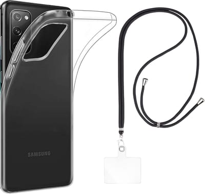 Set met hoesje en nekband voor Samsung Galaxy s20 fe - Flexibele, transparante TPU-bescherming, verstelbare universele nekband voor mobiele telefoons, zwarte nekband, transparante draagriem van Phonillico®