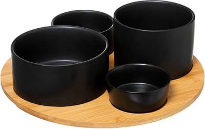 5Five Serveerplank/borrelplank - hapjes/saus/tapas - aardewerk - zwart - incl. 4x schaaltjes