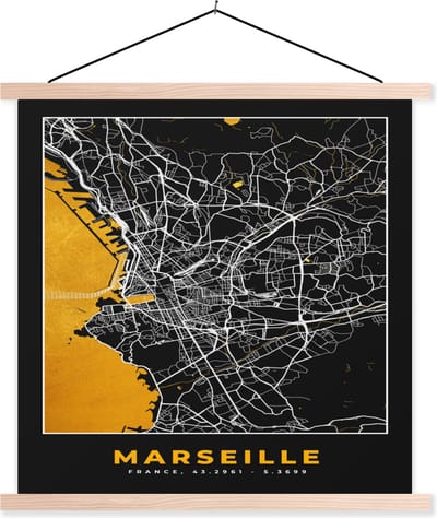 Posterhanger incl. Poster 40x40 cm - Schoolplaat - Stadskaart – Frankrijk – Kaart – Plattegrond - Marseille - Textielposter - Blanke latten - Stadskaart