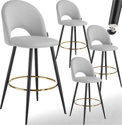 tectake® - Set van 4 Barkrukken Sachel - Gestoffeerde Barkruk met rugleuning - Barstoelen - Ergonomische Barstoel met voetensteun - Eetkamerstoel met fluweellook bekleding - Stevige stalen poten met antislip vloerbescherming - Lichtgrijs/Zwart