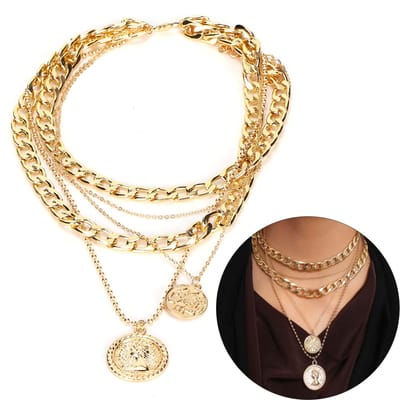Collier Ras-du-cou Superposé Motif Pièce de Monnaie Portrait Pendentif Bijoux Vintage Chaîne de Collier Or beige
