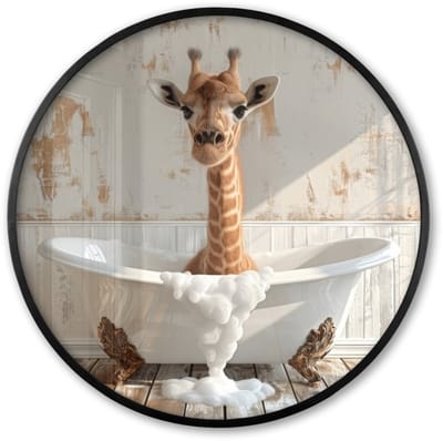 Poster in lijst Rond - Fotolijst 60x60 cm - Posters - Giraf - Badkuip - Vintage - Dieren - Ronde posterlijst zwart - Decoratie - Wanddecoratie woonkamer - Muurdecoratie slaapkamer