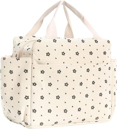 Draagbare koel tas voor vrouwen met grote capaciteit, thermisch gevoerd, ideaal voor werk, school, reizen en picknicks (beige, bloemenpatroon)