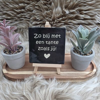 Robuust Wenstegeltje – Zo Blij met een Tante zoals Jij – Robuust 10x10 cm – Cadeau voor Tante – Zwart Keramiek – Trendy nu – Decoratief Tegeltje met Standaard – Cadeau Idee