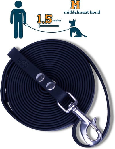 Miqdi hondenriem - BioThane® – zwart – 1.5 meter lang – 13mm breed – M – middelmaat hond