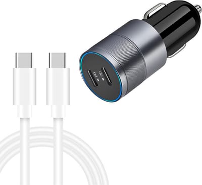 Autolader met 2X USB-C Poort 40W Snellader + USB-C kabel - Auto telefoon oplader - sigarettenaansteker - universeel - grijs