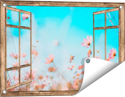 Gards Tuinposter Doorkijk Paarse Kosmos Bloemen - 60x40 cm - Tuindoek - Tuindecoratie - Wanddecoratie buiten - Tuinschilderij