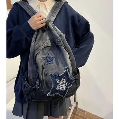 Y2K Koreaanse Casual Denim Rugzak Mode Sterrenpatroon Grote Capaciteit Student Schooltas Tieners Vintage Punk Reis Boekentas 30x13x40cm gray