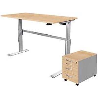 2-delige kantoormeubelset, STANDARD bureau, elektrisch in hoogte verstelbaar, ahorn/blank aluminium RAL 9006