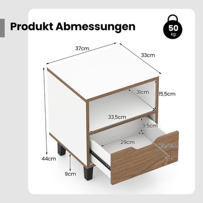COSTWAY Nachtkastje, kleine bijzettafel met open vak en lade, salontafel met metalen steunpoten, nachtkastje, nachtkastje voor slaapkamer, woonkamer, 37 x 33 x 44 cm