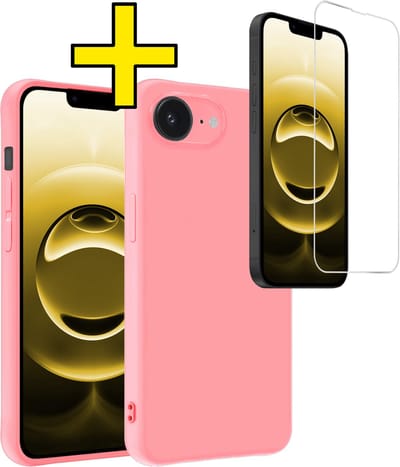 Hoesje - Met Screenprotector - Geschikt voor Apple iPhone 16e - Sterk & Shockproof - Back Cover - Siliconen Case - Telefoon Hoes - Telefoonhoesjes - Lichtroze
