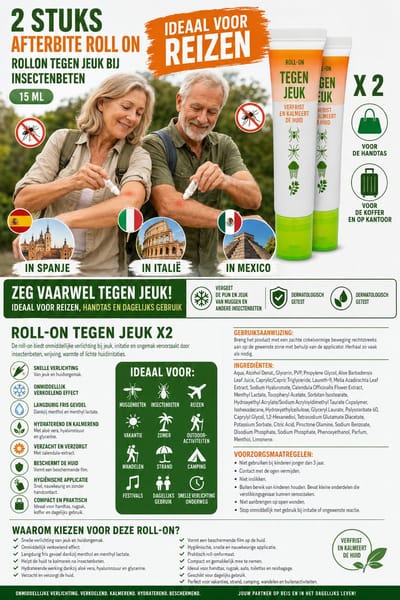 2 STUKS ROLL-ON TEGEN JEUK BIJ INSECTENBETEN 15 ML ZEG VAARWEL TEGEN JEUK! IDEAAL VOOR REIZEN, HANDTAS EN DAGELIJKS GEBRUIK VERGEET DE PIJN EN JEUK VAN MUGGEN EN ANDERE INSECTENBETEN DERMATOLOGISCH GETEST
