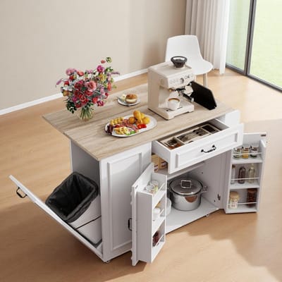 Folding Keuken Eiland met Stopcontact: Uittrekbare Werktafel, Keuken Trolley met Laden en Opbergruimte, Op Wielen, 110 x 40 (70) x 90 cm, Wit, Multifunctioneel en Ruimtebesparend