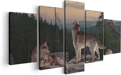 Artaza Canvas Schilderij Vijfluik Drie Wolven Op Een Rots In Het Bos - 100x50 - Foto Op Canvas - Canvas Print