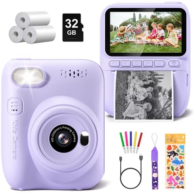 LabelOne Kindercamera - Digitale Kindercamera - Instant Print Camera - incl. 3 rollen printpapier en accessoires - lila/paars