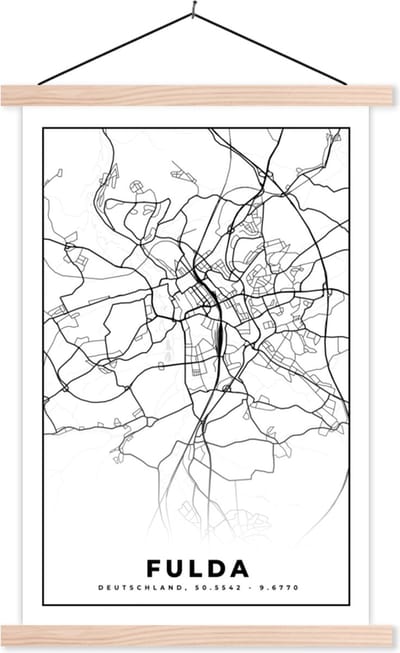Posterhanger incl. Poster 40x60 cm - Schoolplaat - Plattegrond - Fulda - Kaart - Stadskaart - Textielposter - Blanke latten - Stadskaart