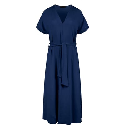 Blauwe jersey midi-jurk met riem